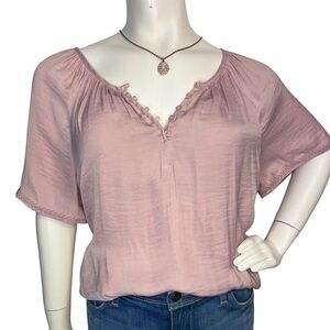 Joie Elegant Satin Pink Button Front Short Sleeved Embroidered Flowy Top